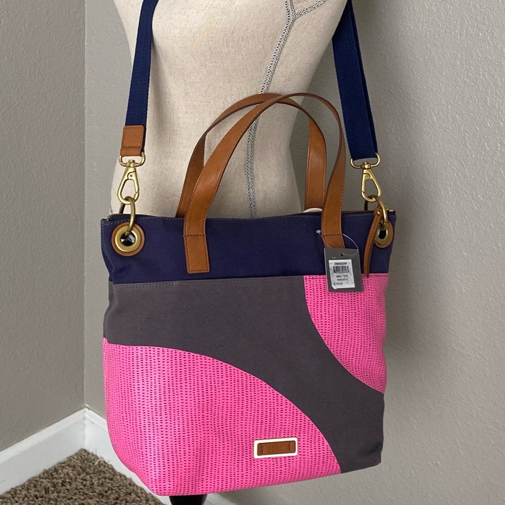 Fossil Tote Keely Crossbody Canvas Leather Straps ZB6932339 Blue Gray NEW!!